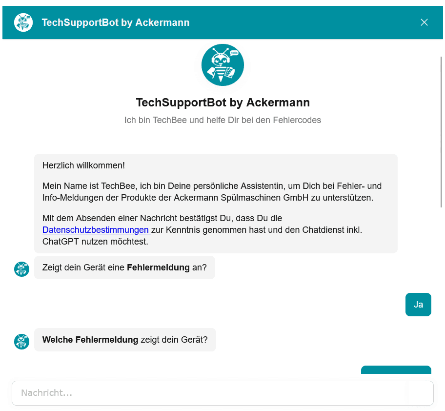 Chat mit TecBee, dem TechSupportBot von Ackermann